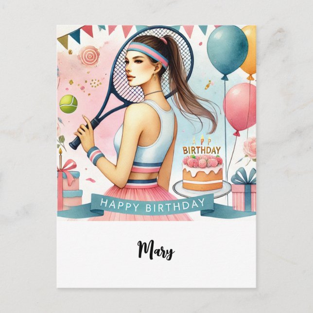 Cartão Postal Jogador de tênis com Feliz Aniversário (Frente)