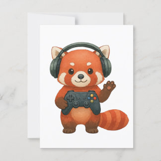 Cartão Postal Jogador Red Panda, Controladora de jogos e Fones d