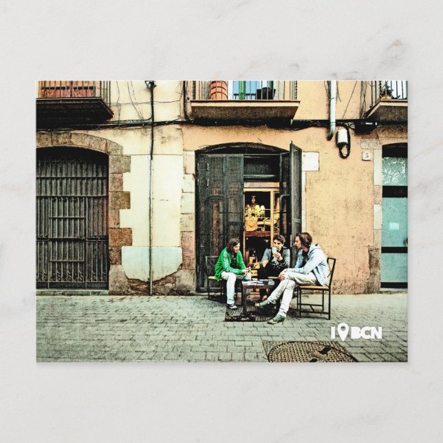 Cartão Postal Jogando cartas no bairro de El Nascer, em Barcelon (Frente)