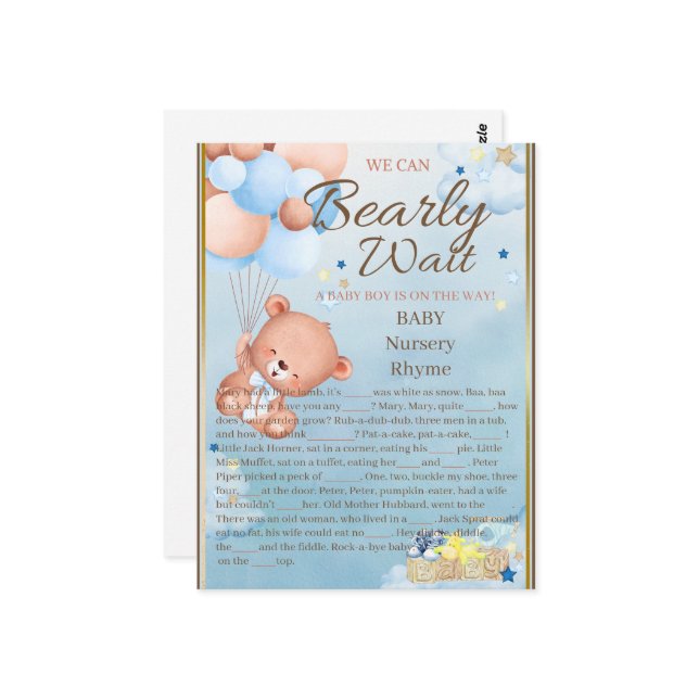 Cartão Postal Jogo Bear Chá de fraldas (Frente/Verso In Situ)