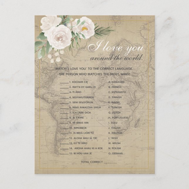 Cartão Postal Jogo para chá de noiva com mapa antigo e frases em (Frente)