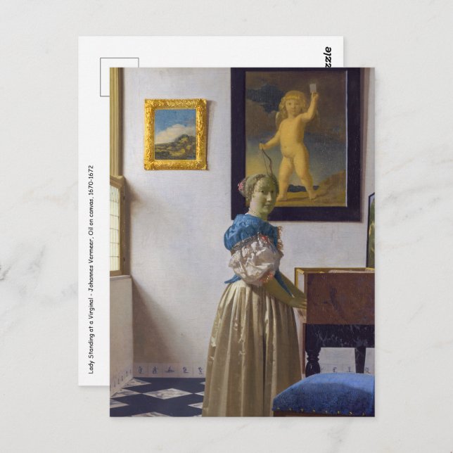 Cartão Postal Johannes Vermeer - Dama de pé em uma Virgínia (Frente/Verso)