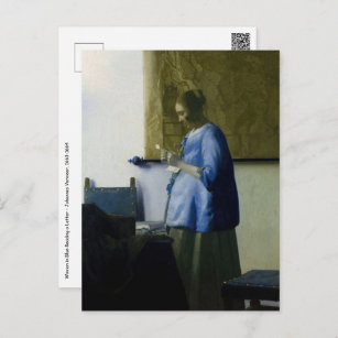 Cartão Postal Johannes Vermeer - Mulher a azul lendo uma letra