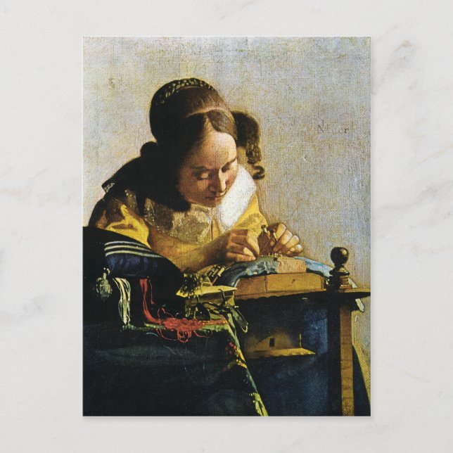 Cartão Postal Johannes Vermeer's The Lacemaker (cerca de 1670) (Frente)