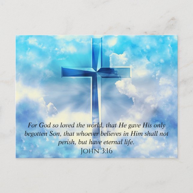 Cartão Postal John 3:16 Verse Blue Sky Christian Cross Gods Love (Frente)