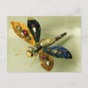 CARTÃO POSTAL JOIA DRAGONFLY DOURADO ANTIGO COM PEDRAS PRECIOSAS