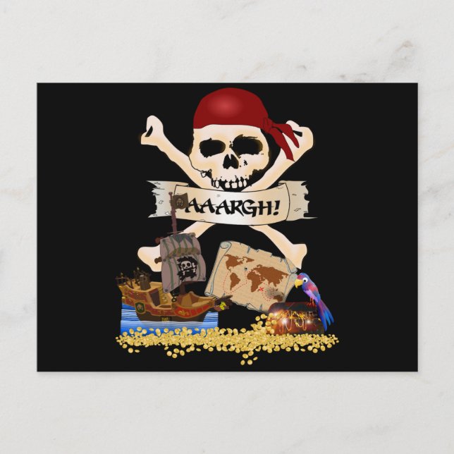 Cartão Postal Jolly Roger, Navio Pirata & Cofre do Pirata (Frente)