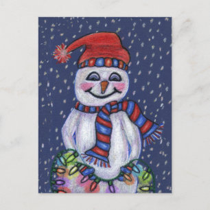 Cartão Postal Jolly Snowman Hat Scarf Com Luzes De Natal