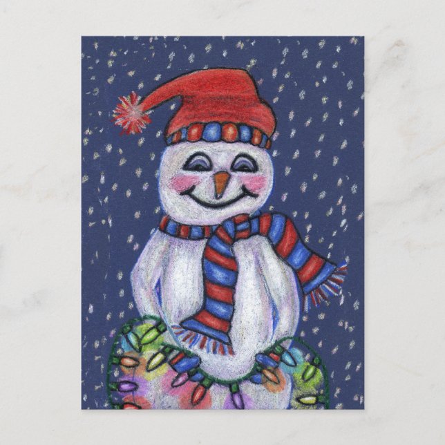 Cartão Postal Jolly Snowman Hat Scarf Com Luzes De Natal (Frente)