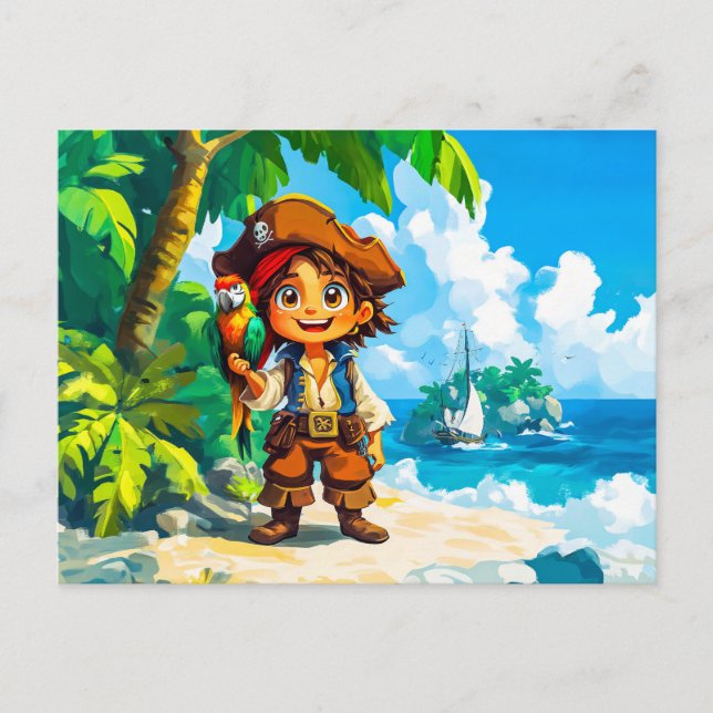 Cartão Postal Jovem Adventurador na Ilha do Tesouro com um Papag (Frente)