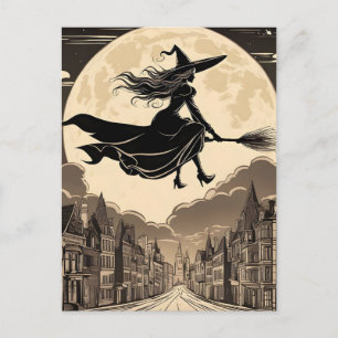 Cartão Postal Jovem Bruxa do Halloween cavalgando uma vassoura s