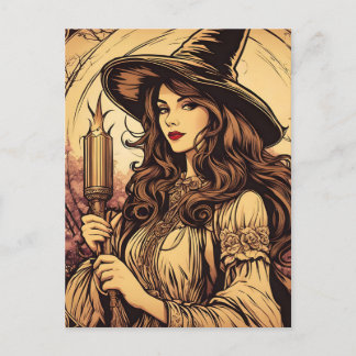 Cartão Postal Jovem Bruxa Segurando uma Tocha, Halloween Vintage