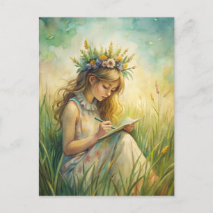 Cartão Postal Jovem Garota Flores Silvestres Inspirada na Nature