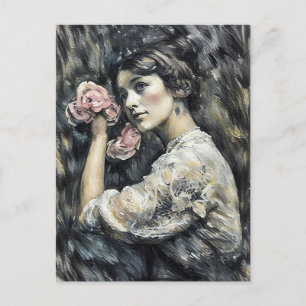 Cartão Postal Jovem mulher com pintura artística em pastel de fl