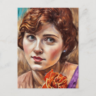 Cartão Postal Jovem mulher com pintura artística em pastel de ro