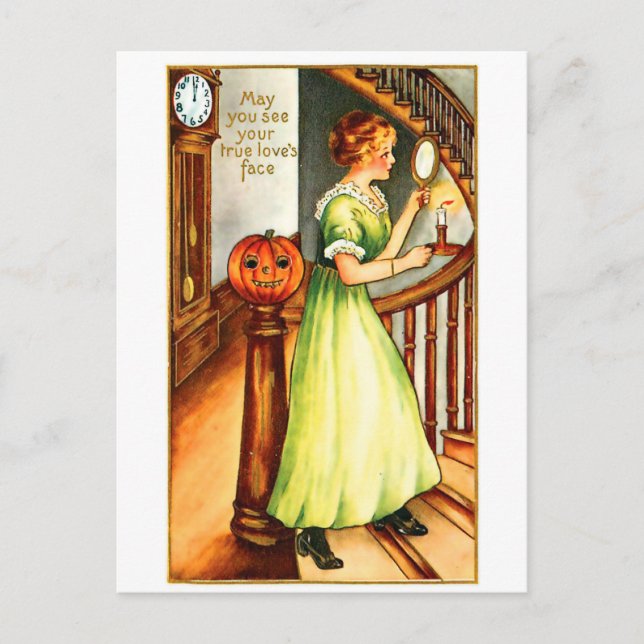 Cartão Postal Jovem olhando no espelho no Halloween (Frente)