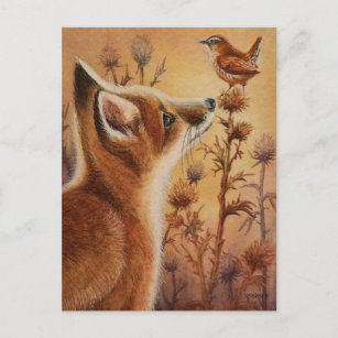 Cartão Postal Jovem Red Fox & Carolina Wren Bird Watercolor Art