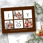 Cartão Postal JOY Modern Fun Script Photo Collage Whimsical Holi<br><div class="desc">Envie cartões de natal personalizáveis e personalizados para amigos, colegas e família em cartões postais simples, chic, elegantes e modernos de 3 colagens de fotos, design festivos, naturais e minimalistas! Na frente, uma colagem de três fotos cercada pela palavra "alegria" com uma linda face de rena na tipografia moderna é...</div>