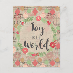 Cartão Postal Joy To The World Christmas Music Floral Ephemera