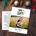 Cartão Postal Joy To The World Christmas Photo Modern<br><div class="desc">Espalhe alegre alegria festas com este cartão-postal com a sua foto horizontal destacada com o texto "Joy to the World" que aparece na parte de trás com uma nota de festas digitada ou apagar e deixa espaço para escrever à mão. Também adicione seu endereço de devolução. Divertido e moderno, mas...</div>