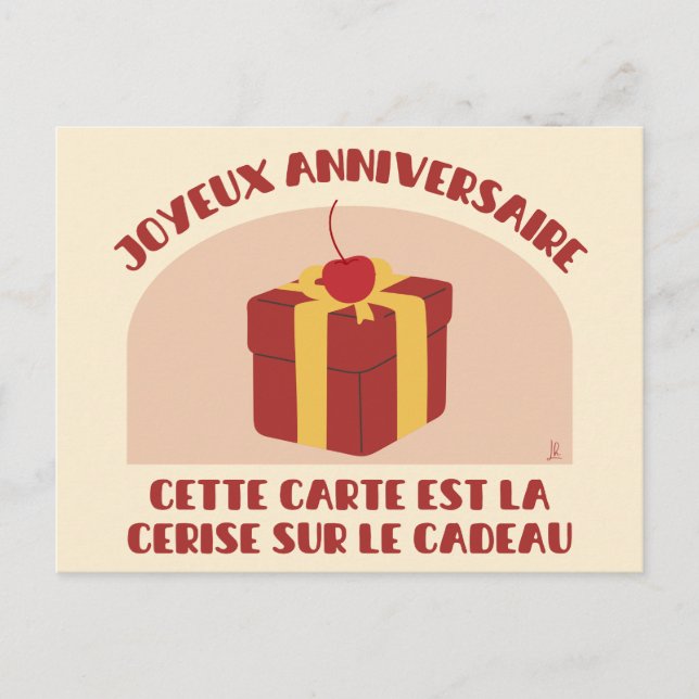 Cartão Postal Joyeux anniversaire, carte cerise sur le cadeau (Frente)