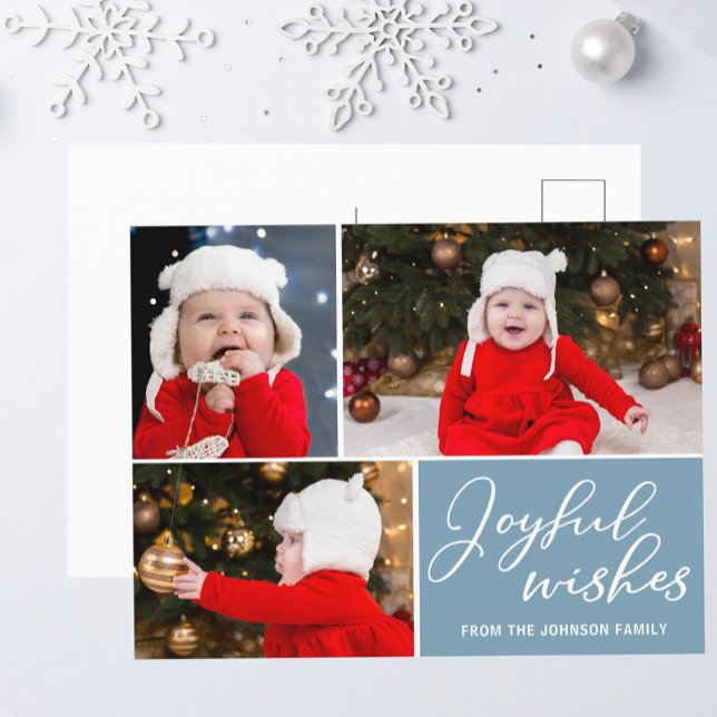Cartão Postal Joyful Wish Slate Blue 3 Family Photo Holiday (Criador carregado)