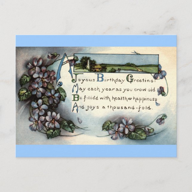 Cartão Postal Joyous Birthday Saudação Repro Vintage 1918 (Frente)