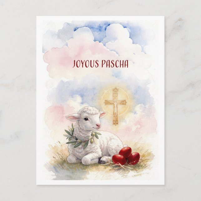 Cartão Postal Joyous Pascha Lamb, Red Eggs and Cross (Frente)