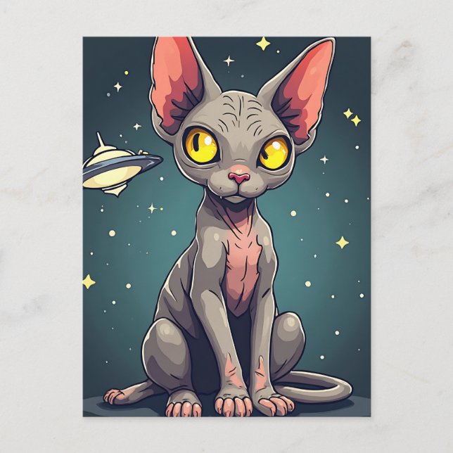 Cartão Postal Judging Sphynx Cat UFO Space Cartoon Art (Frente)