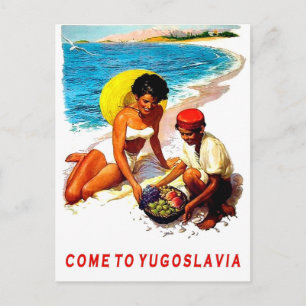 Cartão Postal Jugoslávia, mulher na praia com vendedor de fruta