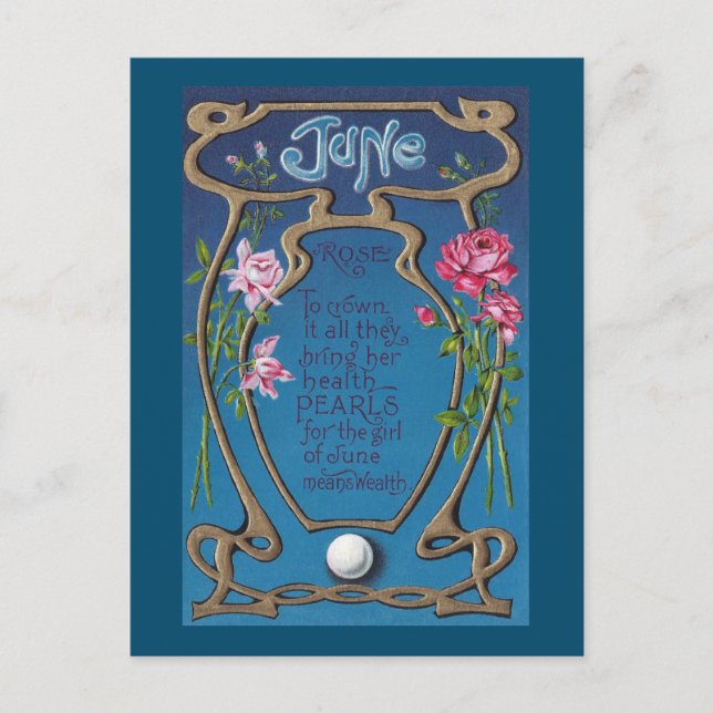 Cartão Postal June Birthday Pearl e Rosas (Frente)