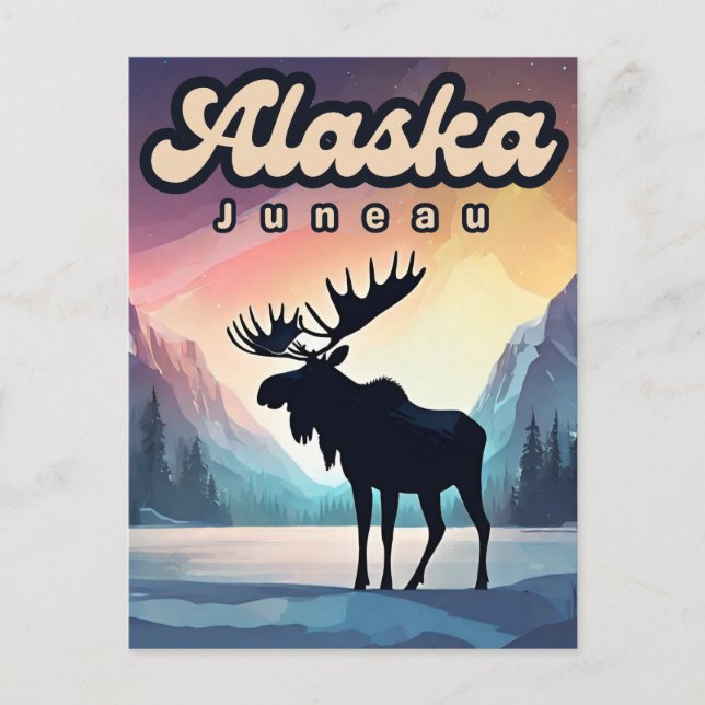 Cartão Postal Juneau Alaska Moose Aurora Norte Luz Natureza (Frente)