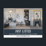 CARTÃO POSTAL JUST LISTED 3 PROPERTY PHOTO REAL ESTATE MARKETING<br><div class="desc">Promote your listings with clarity and using this professionally designed multi photo real estate marketing postcard. The front features space for three vertical property images, giving the home maximum visual impact. Perfect for direct mail campaigns, neighborhood farming, open house promotions, or listing announcements, this postcard helps position you as an...</div>