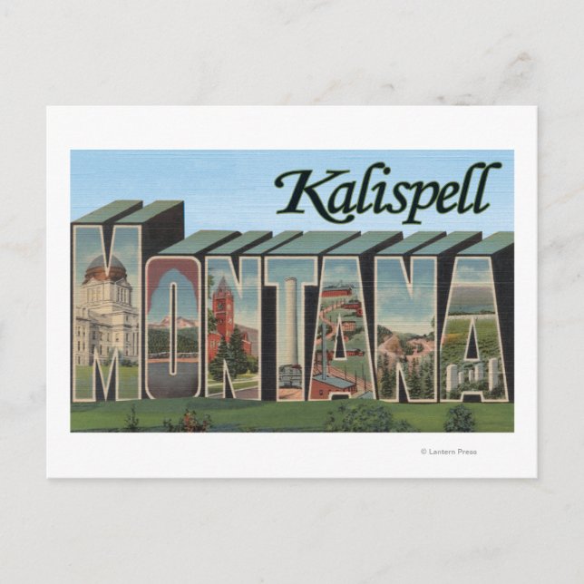 Cartão Postal Kalispell, Montana - Cenas com Letras Grandes (Frente)