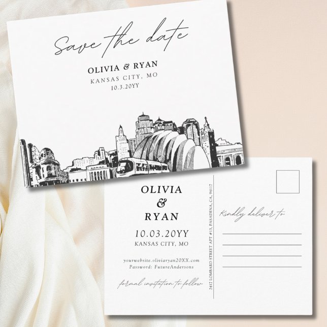Cartão postal Kansas City Save the Date Elegante C (Kansas City Save the Date Postcard Elegant Wedding)