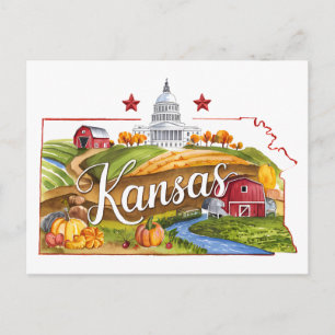Cartão Postal Kansas EUA Estado Formato Aquarela Vintage