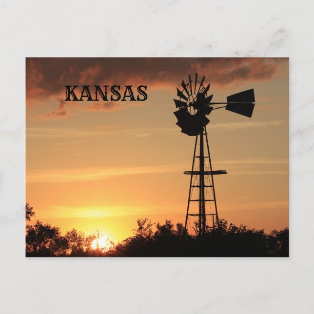 Cartão Postal Kansas Sunset com placa de Posto de silhueta de Wi (Frente)