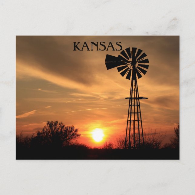 Cartão Postal Kansas Sunset com silhueta de moinho (Frente)
