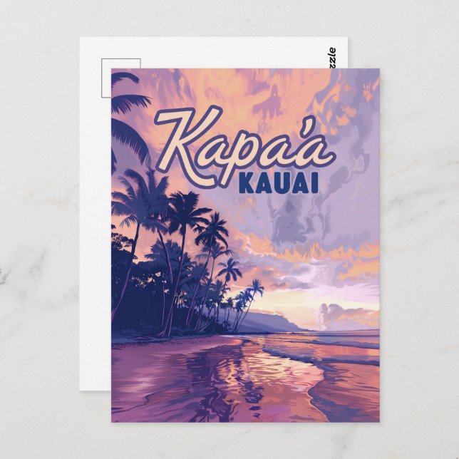 Cartão Postal Kapaa Kauai Hawaii Beach Sunset Palm Tree Retro (Frente/Verso)