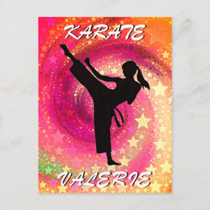 Cartão Postal Karate Girl Kick Stars and Swirls Retro