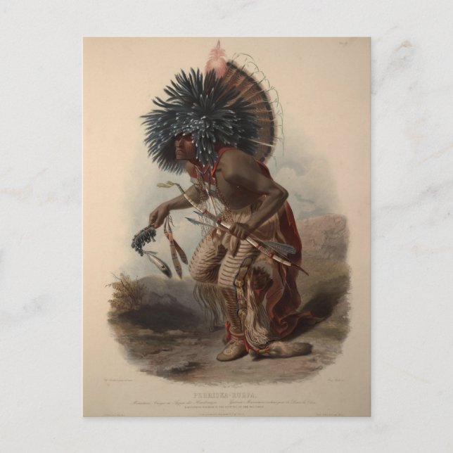 Cartão Postal Karl Bodmer-Minatarre Guerreiro em Dança de Cachor (Frente)