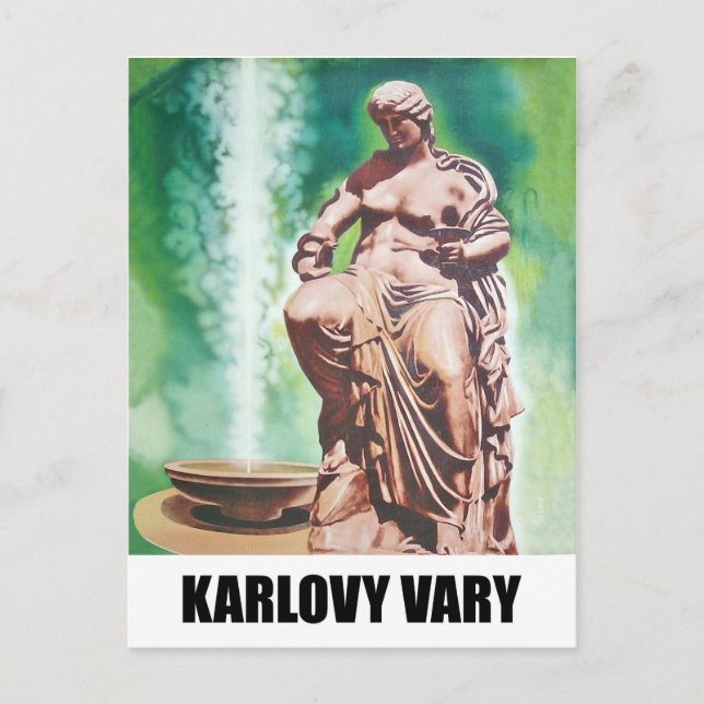 Cartão Postal Karlovy Vary primavera, estátua feminina, Repúblic (Frente)
