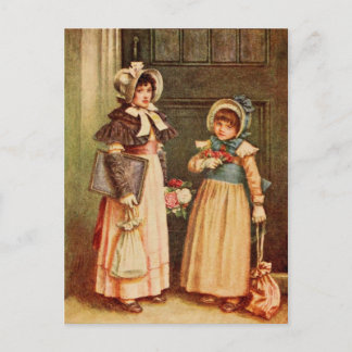 Cartão Postal Kate Greenaway: Duas garotas indo para a escola