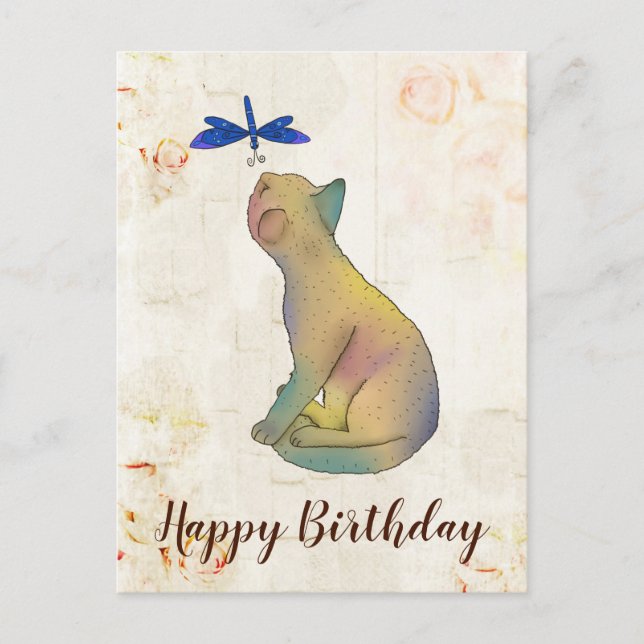 Cartão Postal Katze und blaue Libelle (Frente)