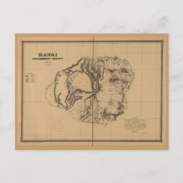 Cartão Postal Kauai, 1878, Vintage Hawaii Map (Frente)