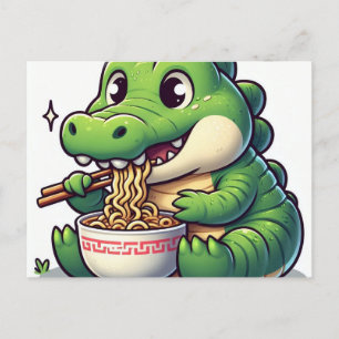 Cartão Postal Kawaii Alligator Eating Ramen Adorável