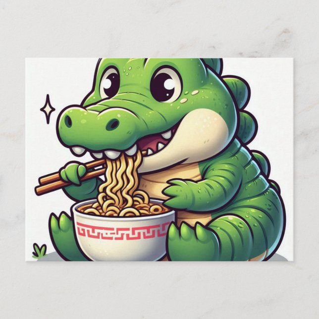 Cartão Postal Kawaii Alligator Eating Ramen Adorável (Frente)