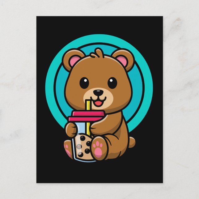 Cartão Postal Kawaii Bear Bebendo Bble Tea Lover (Frente)
