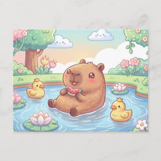 Cartão Postal Kawaii capy in a pond