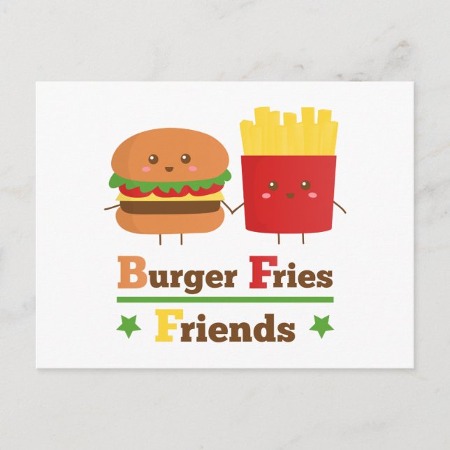 Cartão Postal Kawaii Cartoon Burger Fries Amigos BFF (Frente)